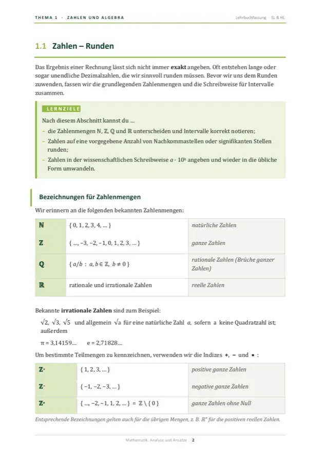 Buchseite aus Abschnitt 1.1 mit einem hervorgehobenen Kasten „Lernziele“ und einer Tabelle der Zahlenmengen